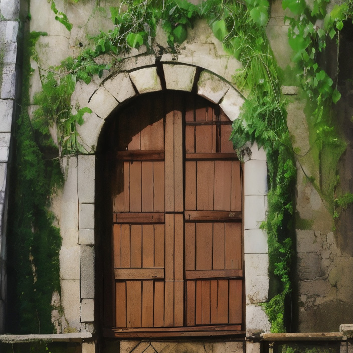 a door with messy plants